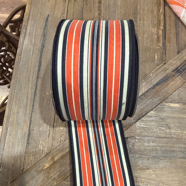 4" x 10yd Dupioni Orange & Black Vintage Stripe Ribbon