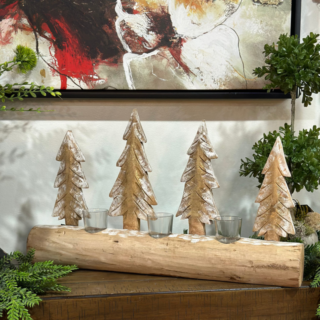 14.5"Carved Wood Fir Forest Votive Holder