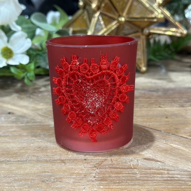 3" Tealight Candle Holder Glass Matt Lace Heart With Glitter