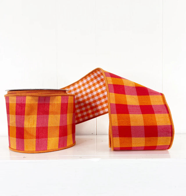 4" x 5YDS Dupioni Aspen Check Double Sided Orange Ribbon