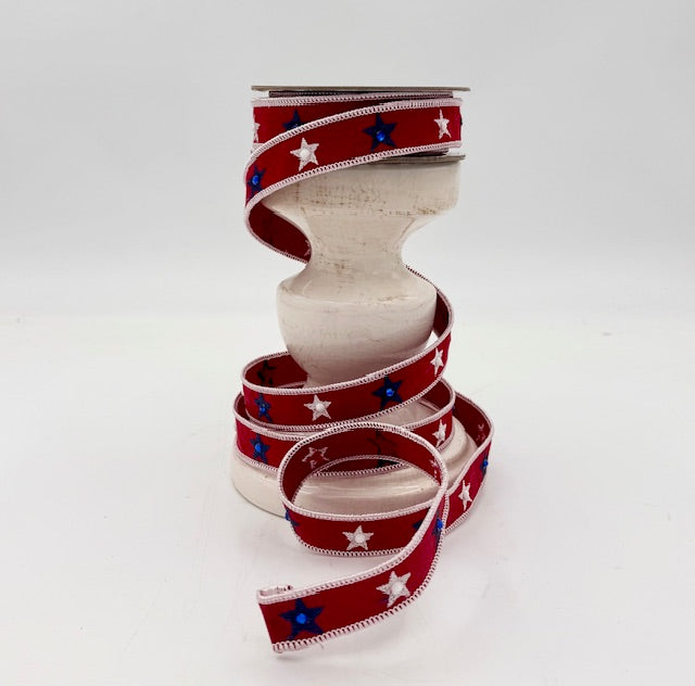 1"x10YDS Red Embroidered Star Ribbon with Gems