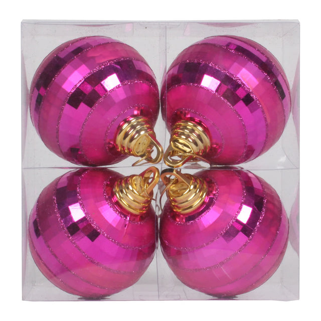 4" Cerise Shiny-Matte Mirror Ball Ornaments 4/Box