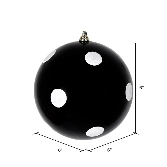 6" Black Candy Finish with White Glitter Dots Ball Ornament- Bag of 4