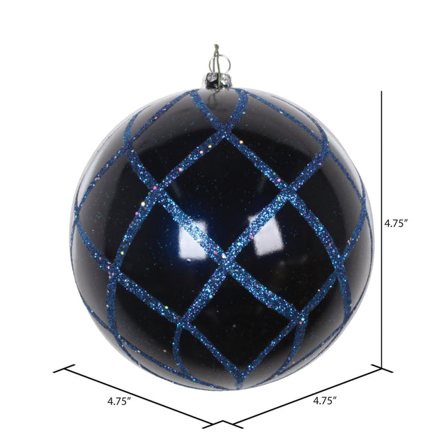 4.75" Midnight Blue Candy Finish Net Ball Ornament with Glitter Accents, 3/Bag