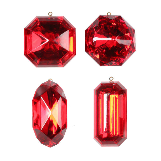 4"-5" Red Jewel Glitter Ornaments | Set of 4