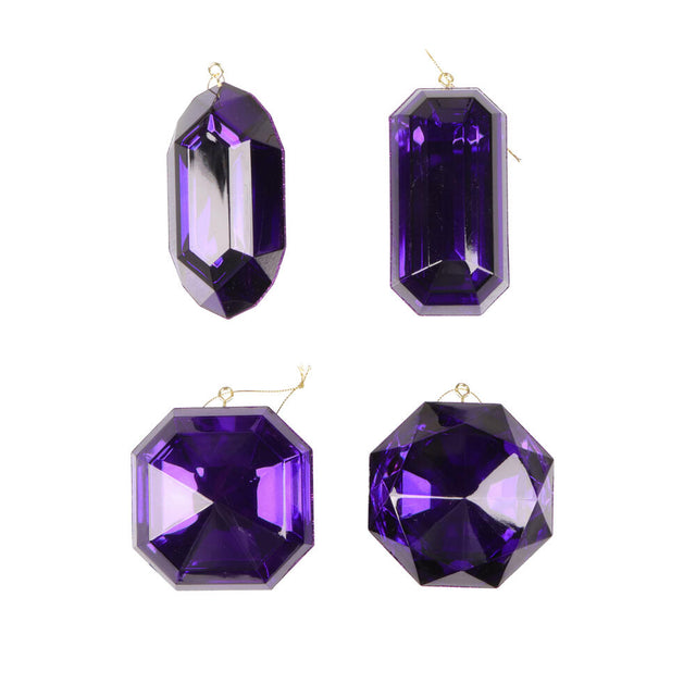 4"-5" Purple Jewel Glitter Ornaments- Set of 4