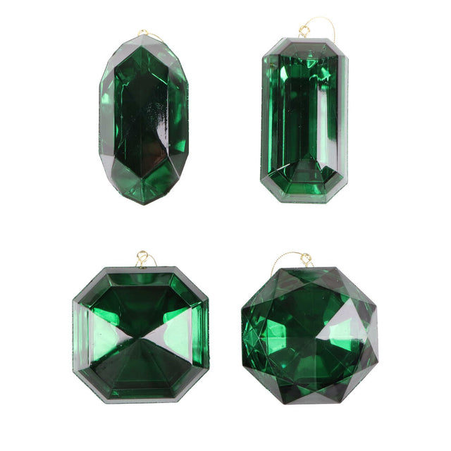 4"-5" Dark Green Jewel Glitter Ornaments- Set of 4