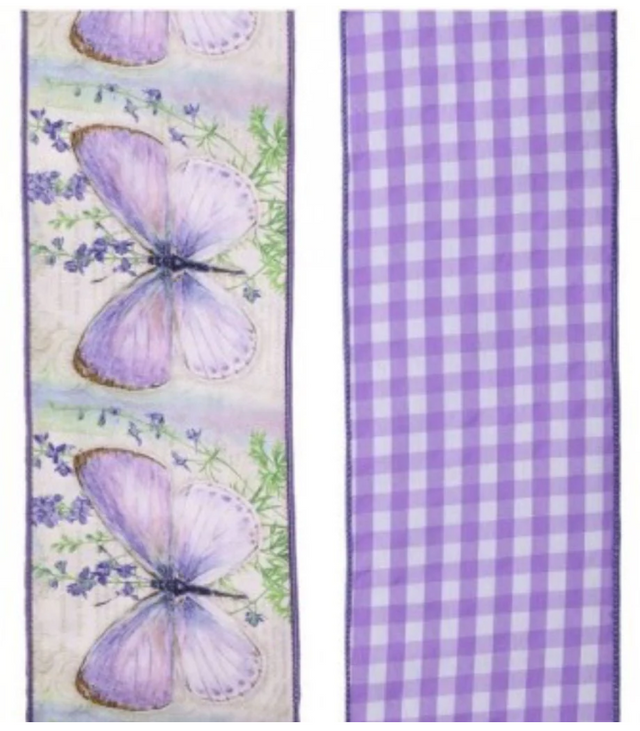 4"x5yd Lavender Double-Sided Summer Butterfly & Gingham Ribbon