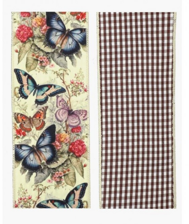4"x5yd Cream Double-Sided Botanical Butterfly & Gingham Ribbon