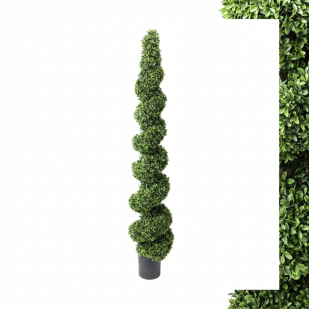 Two artificial boxwood topiaries, one spiral and one spherical, on a white background.