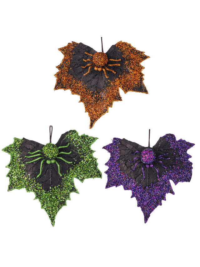 10" Sequin Spider with Leaf | Purple/Black, Orange/Black, Green/Black