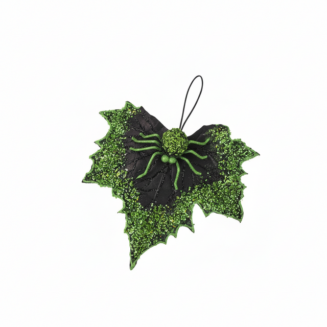 10" Sequin Spider with Leaf | Purple/Black, Orange/Black, Green/Black