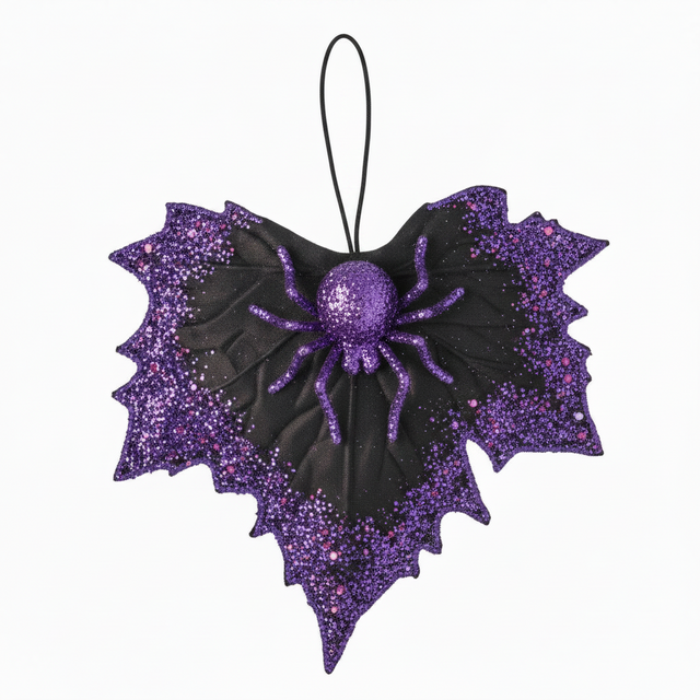10" Sequin Spider with Leaf | Purple/Black, Orange/Black, Green/Black