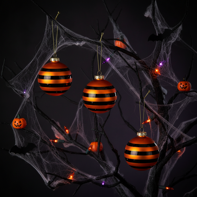 3" Glass Striped Halloween Ball Ornaments Set/3 | Orange & Black