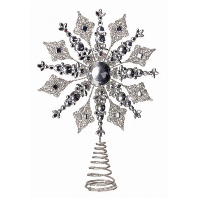 14.5" Silver snowflake tree topper | glitter metal jewel
