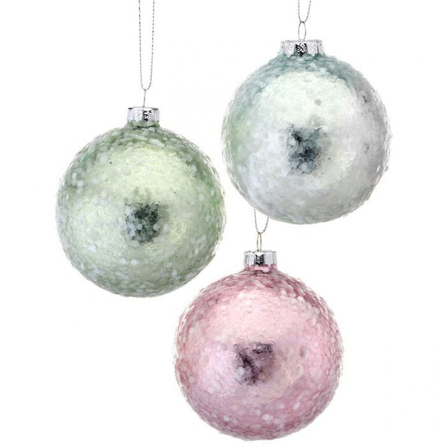 3" Glass Sequin Pearlized Ball Ornament | Green Blue Pink Pastel