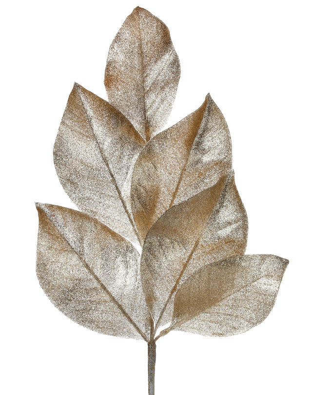 19.5" Champagne Glitter Magnolia Leaf Spray