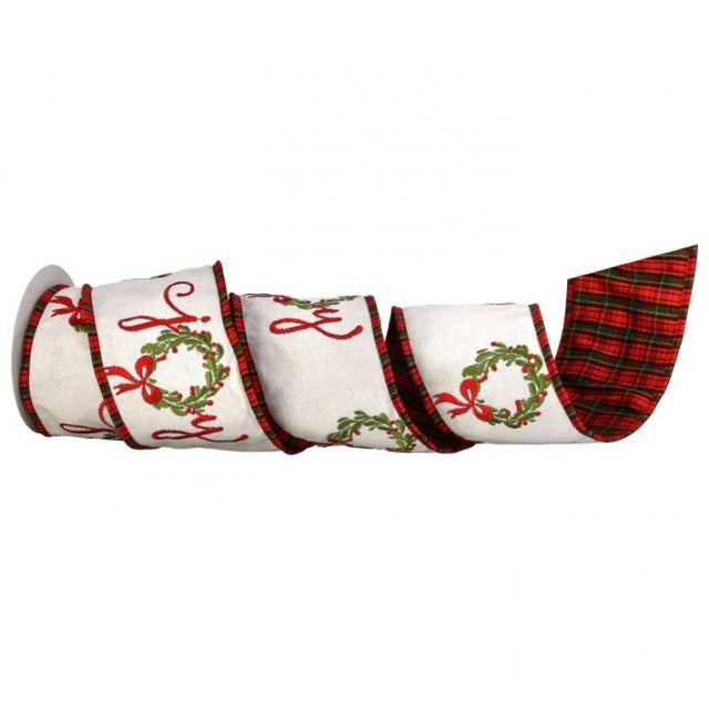 4"x5YDS Joy Wreath Dupion Plaid Back Ribbon