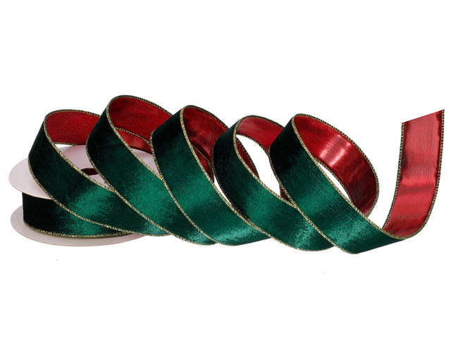 1.5" x 10YDS Green & Red Velvet Metallic Back Wired Ribbon