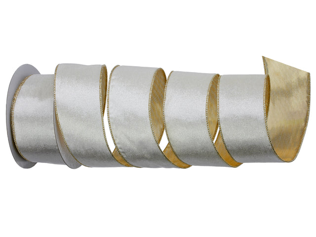 2.5" x 10 Yards White/Gold Velvet with Metallic Back Ribbon
