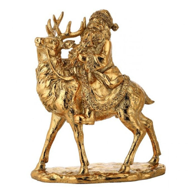 12" Gold Resin Santa with Deer Table Piece