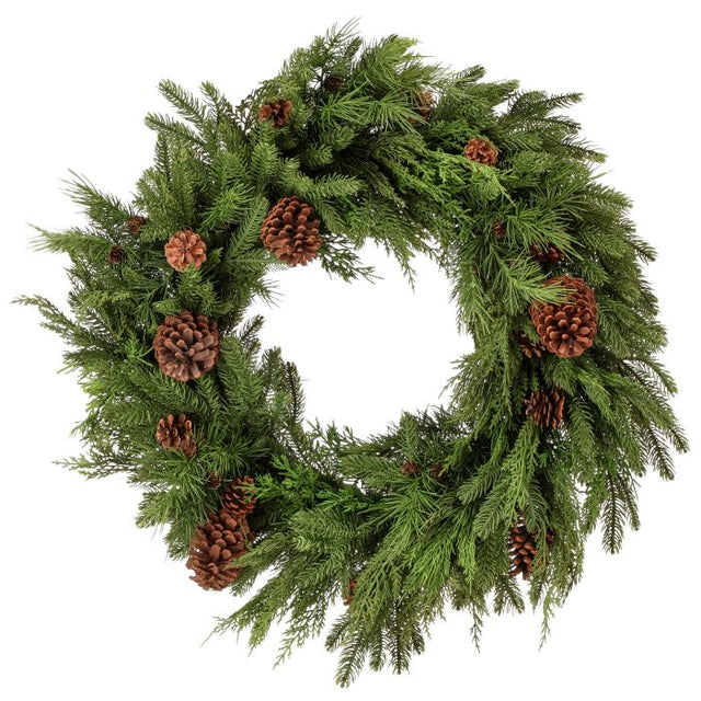 A 30 inch diameter natural touch mixed evergreen wreath with realistic sprigs of pine, cedar, and fir, accented with natural pinecones.