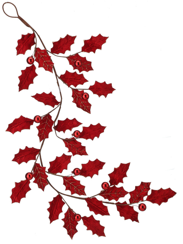 47" Red Velvet Holly Leaf Garland