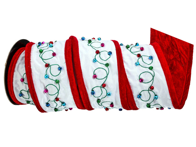 4" Dupioni W/ Jingle Bell Velvet Edge Ribbon 5 Yards