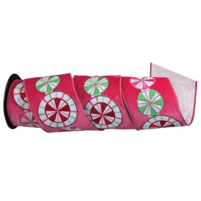 4"x5YDS Hot Pink Velvet Peppermint Disc Ribbon