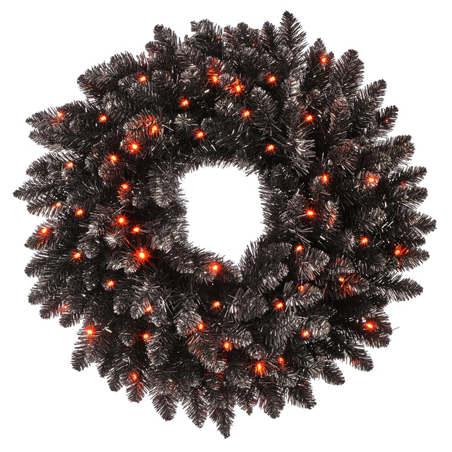 26" Dual Lit Blackforest Wreath | Black Tree | Orange Lights