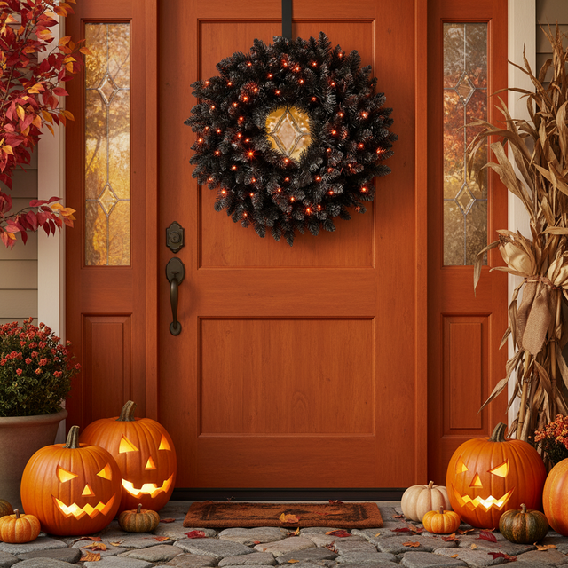 26" Dual Lit Blackforest Wreath | Black Tree | Orange Lights