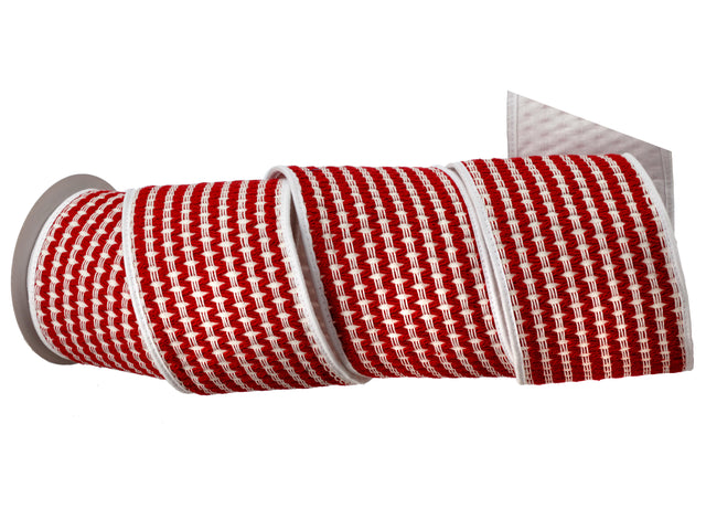 4" x 5 YDS Red & White Cotton Waffle Jacquard Ribbon