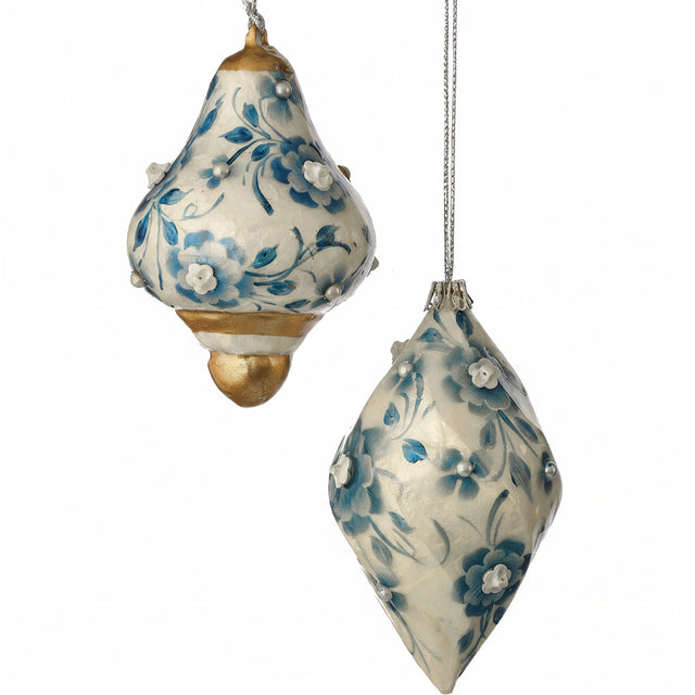 5 inch-5.5 inch Blue & White Capiz Floral Drop/Finial Ornaments, Two Styles
