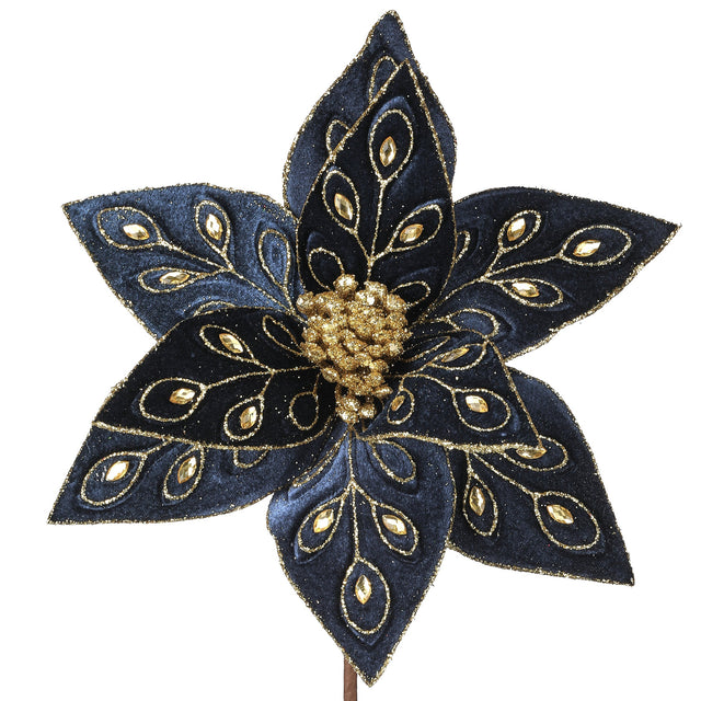 Decorative flower with blue petals and gold accents on a white background