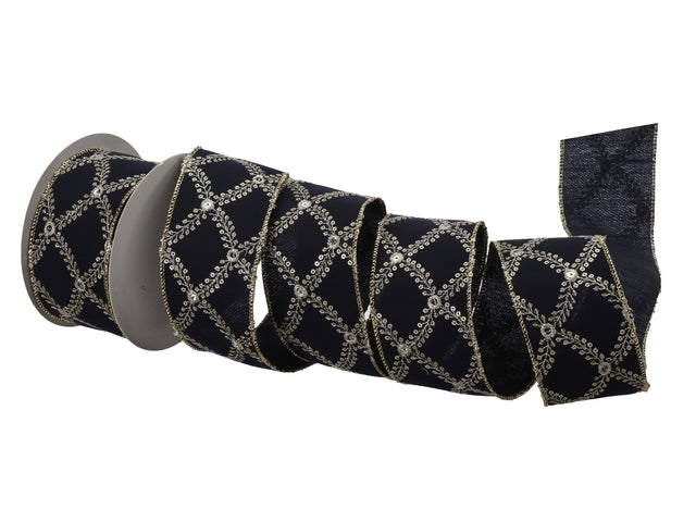 2.5" x 10 Yards Dark Blue & Champagne Leaf Garland Jewel Ribbon