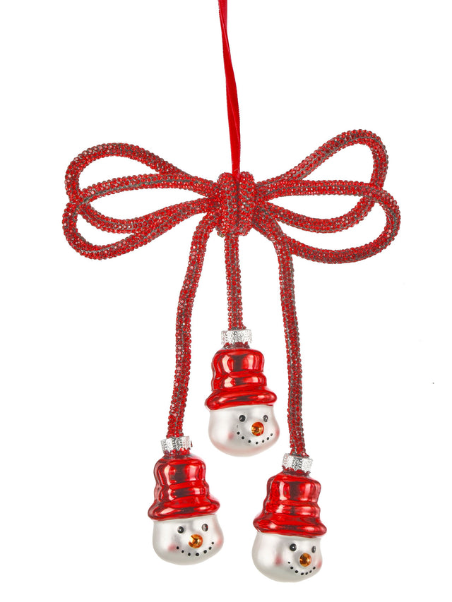 6.5" Red & White Triple Glass Snowman with Bow Drop Ornament