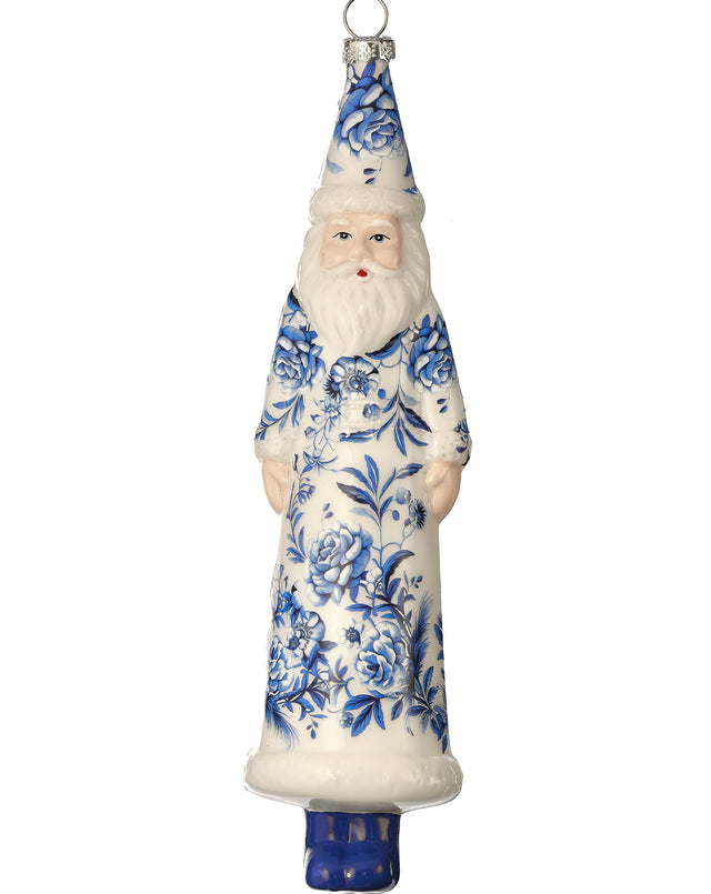 8" Blue/White Glass Chinoiserie Santa Ornament