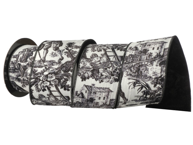 4" x 10 Yards Black & White Velvet Toile Ribbon