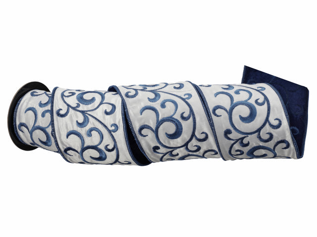 4" x 5 Yards Blue & White Embroidered Dupion Scroll Ribbon