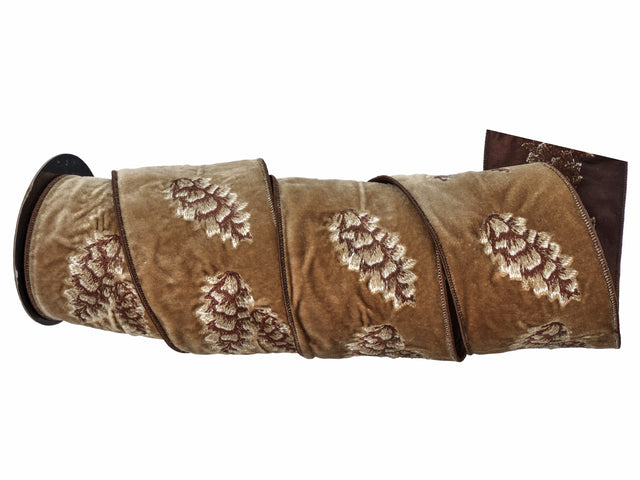 4" x 5YDS Brown Embroidered Suede Pinecone Ribbon