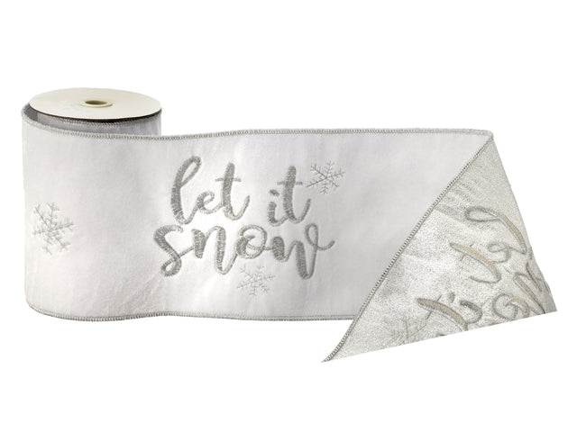 6" x 5YDS White & Silver "Let It Snow" Velvet Ribbon