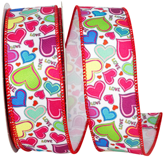 1.5" Multi-Color Hearts & Love Twill Wired Ribbon | 10 Yards