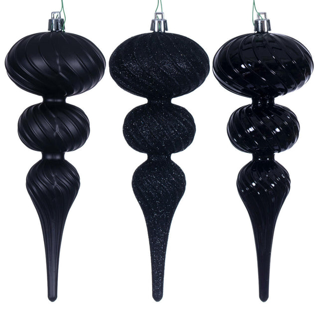 Vickerman 8" Black Swirl Finial Ornament Assortment – Set of 6