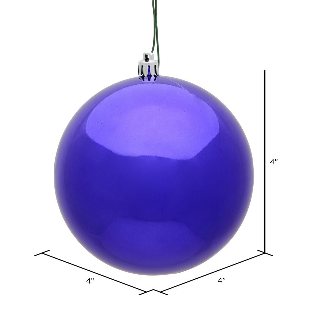 Purple Christmas ball ornament with dimensions on a white background
