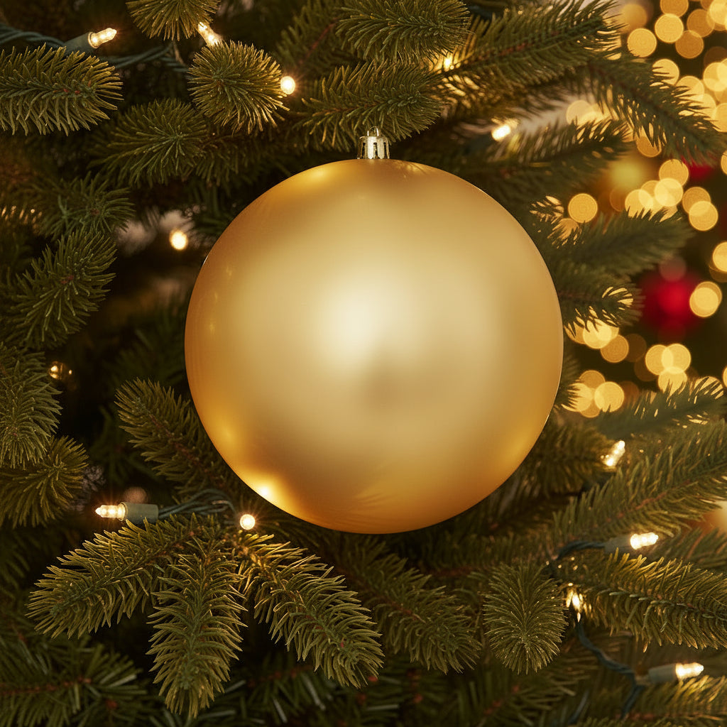 Gold Christmas ball ornament on a Christmas tree
