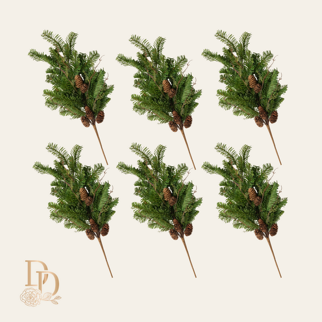 Six 29.5 inch soft touch pine sprays with natural pinecones, a Christmas spray bundle for wreaths and garland