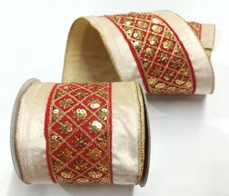 4" Gold Velvet/ Red Sequin Velvet/ Wired Edge Ribbon- 5 Yards