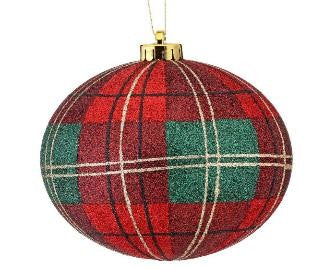 5.5" Red/Green with Gold/Black Stripes Glitter Plaid Ball Ornament