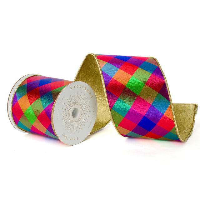 4" x 10 Yds Multicolor Metallic Diagonal Check Ribbon with Gold Trim