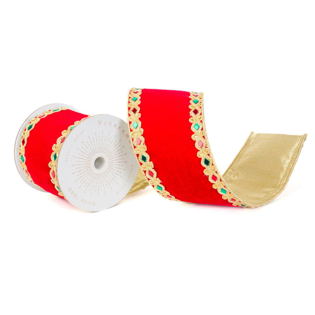 4" x 10 Yds Red Velvet Ribbon with Jeweled Gold Appliqué Trim